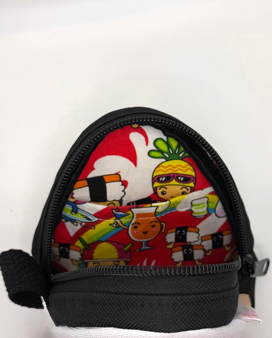 Rice ball pouch with colorful cartoon design interior on a white background
