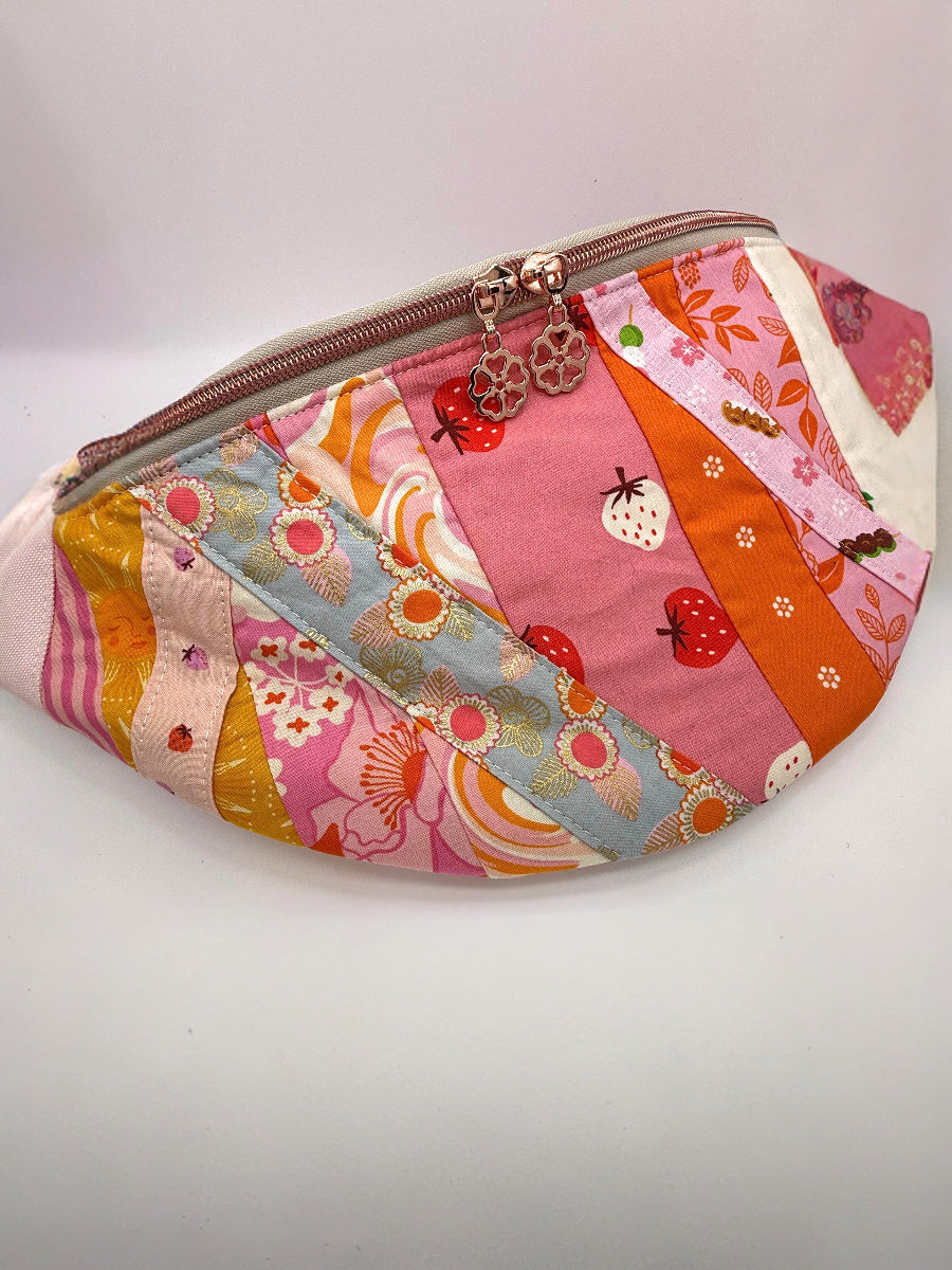 Strawberry sunset patchwork sling bag with kawaii fruit and warm colors | Rainy J