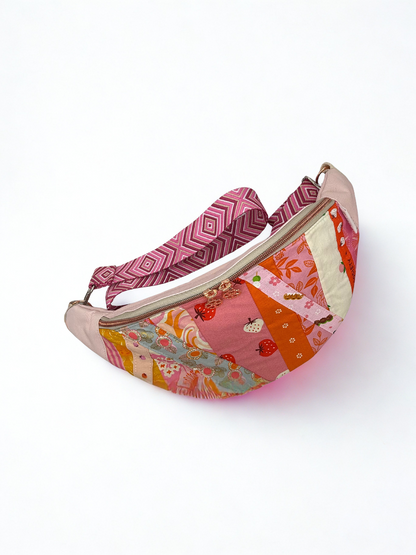 Strawberry sunset patchwork sling bag with kawaii fruit and warm colors