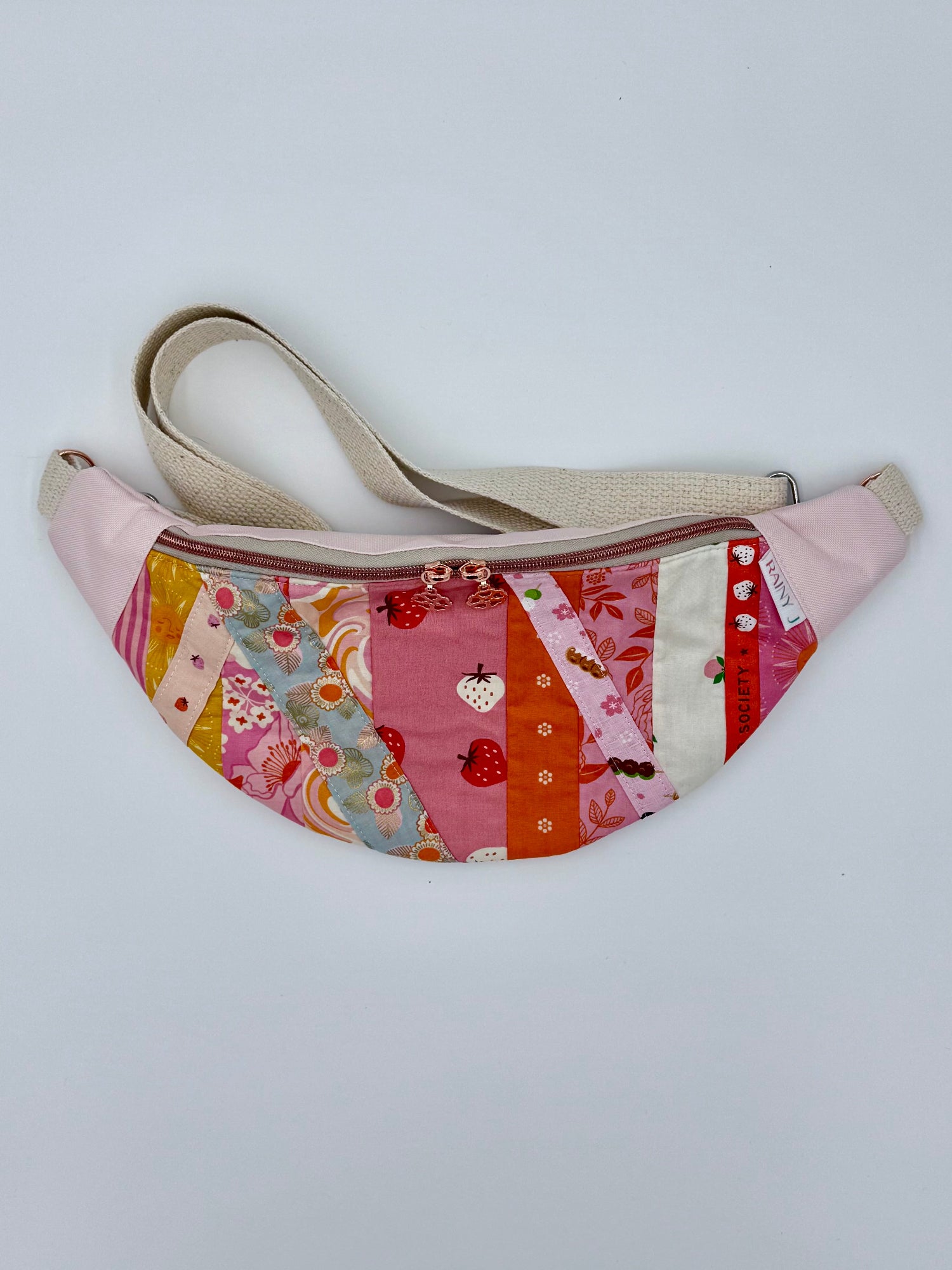 handmade crossbody bag with kawaii strawberry print 