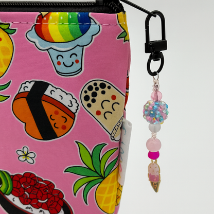 Kawaii food party zipper pouch with cute snack characters and a beaded charm